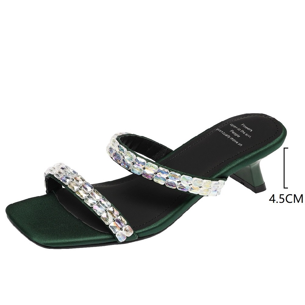 Women Stylish One-Strap Summer Slippers 4.5 CM High Heel Colorful Crystals French Square Toe Open Toe Comfortable Dress Shoes 60527