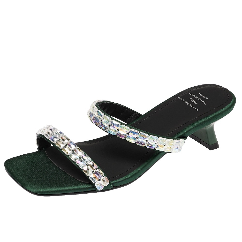 Women Stylish One-Strap Summer Slippers 4.5 CM High Heel Colorful Crystals French Square Toe Open Toe Comfortable Dress Shoes 60527