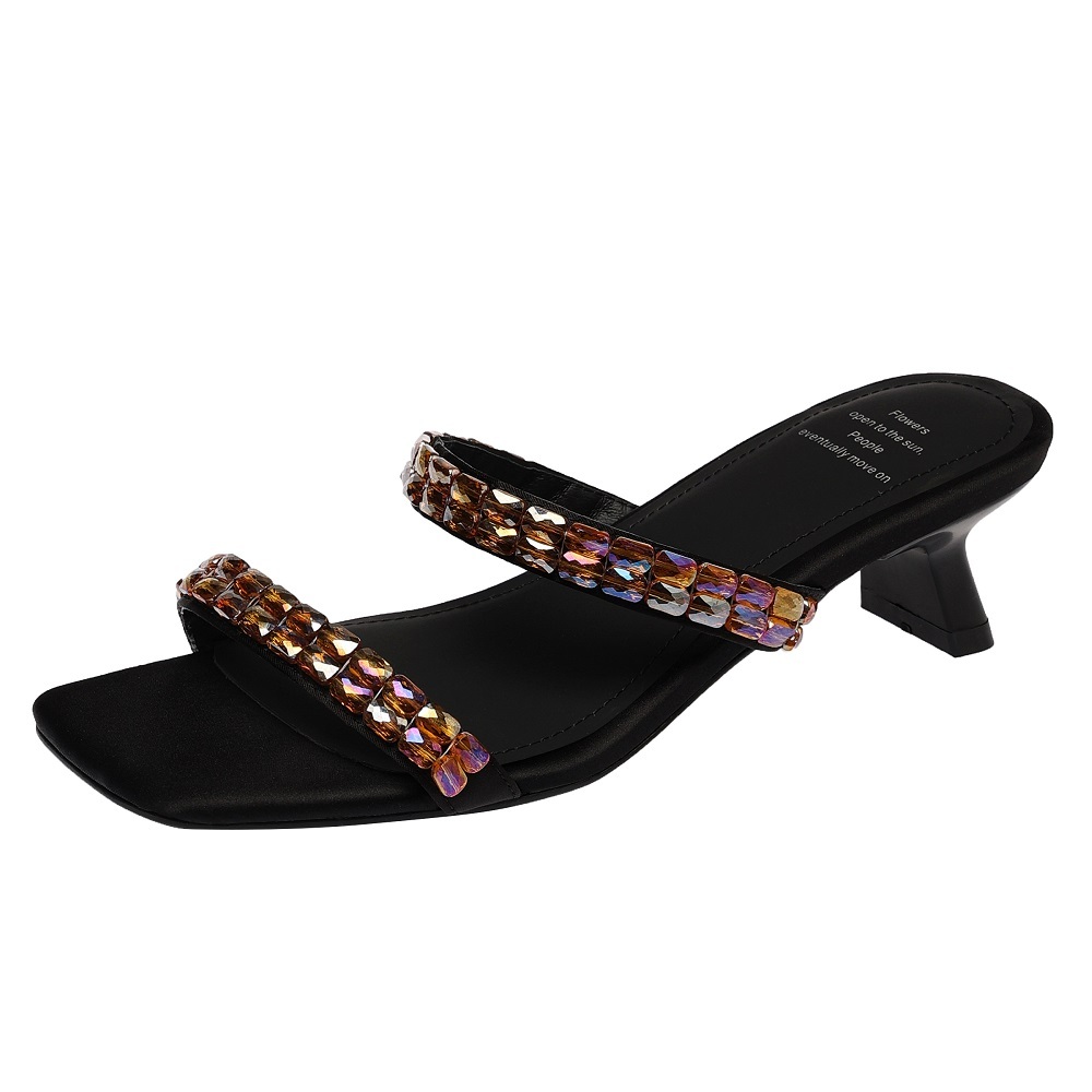 Women Stylish One-Strap Summer Slippers 4.5 CM High Heel Colorful Crystals French Square Toe Open Toe Comfortable Dress Shoes 60527