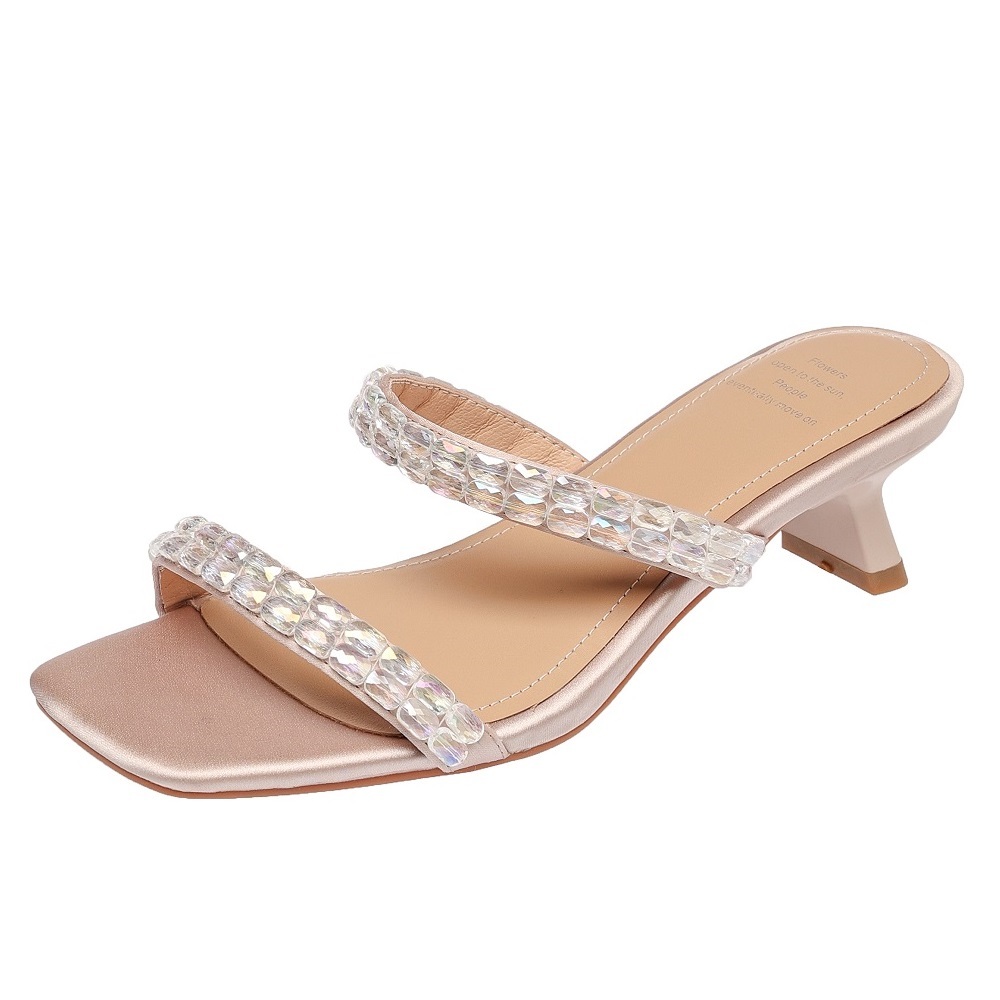 Women Stylish One-Strap Summer Slippers 4.5 CM High Heel Colorful Crystals French Square Toe Open Toe Comfortable Dress Shoes 60527