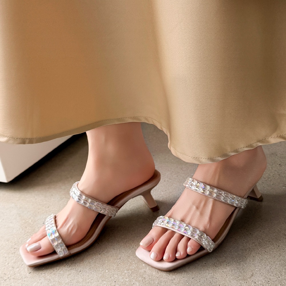Women Stylish One-Strap Summer Slippers 4.5 CM High Heel Colorful Crystals French Square Toe Open Toe Comfortable Dress Shoes 60527