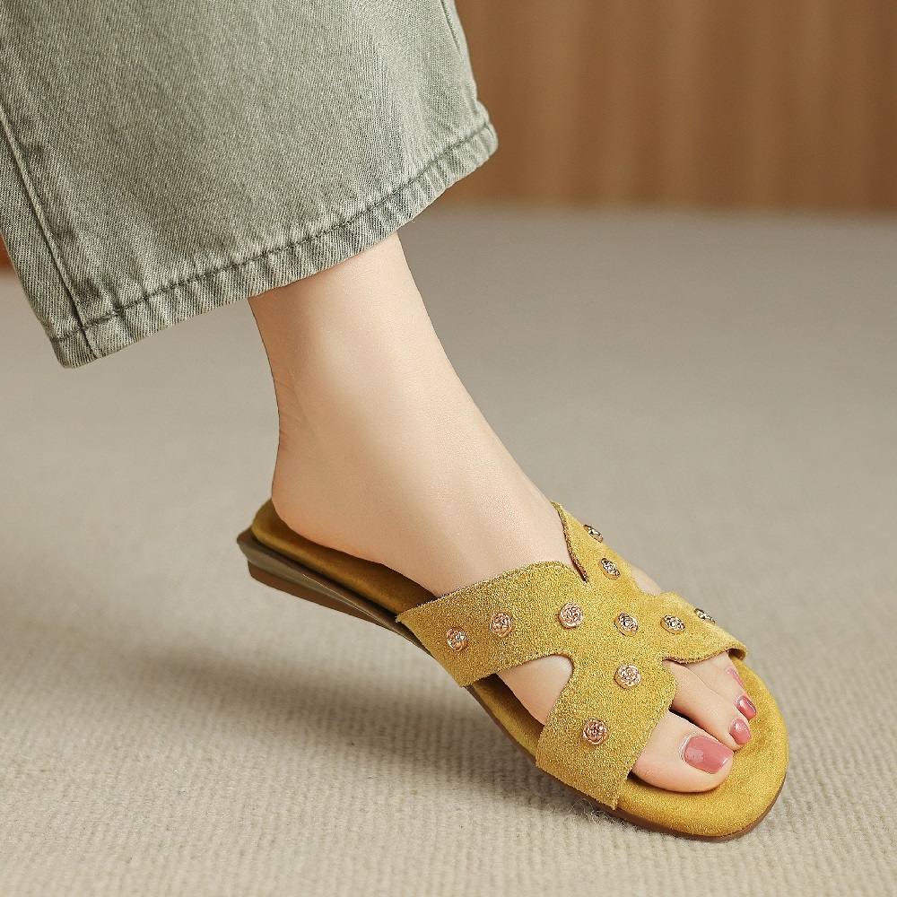 Women Matte Genuine Leather Slippers 2.5 CM Wedge Heel Open Toe 3D Metal Flower Soft Sole Casual Comfortable Daily Commute Slides 60528