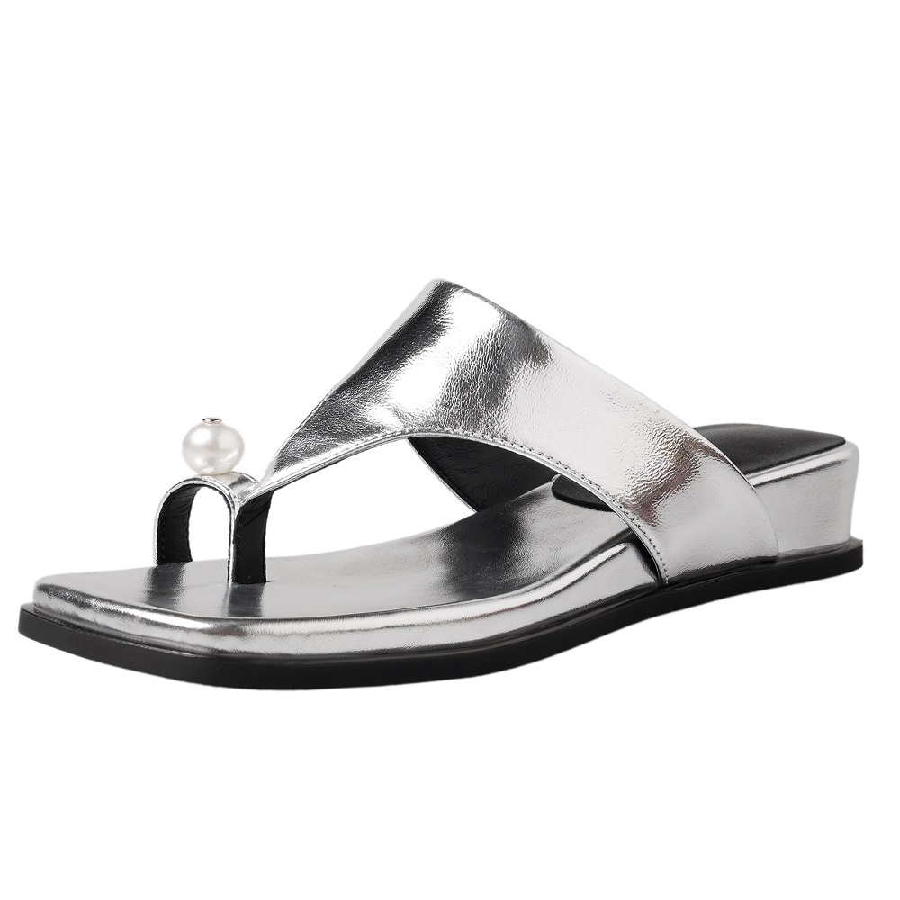 Women's Genuine Leather Polka Dot Flip Flops 4 CM Wedge Heel Pearl Toe Loop French Square Toe Summer Commute Fashion Slippers  60528