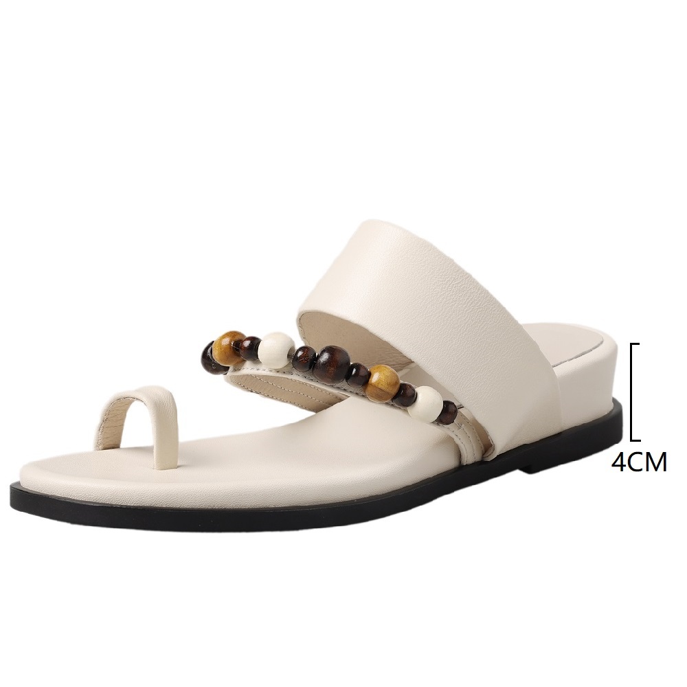 Women's Genuine Leather Open Toe Slide Sandals 4 CM Wedge Heel Beaded Toe Loop Casual Vacation Style Versatile Korean Fashion Slippers 60528