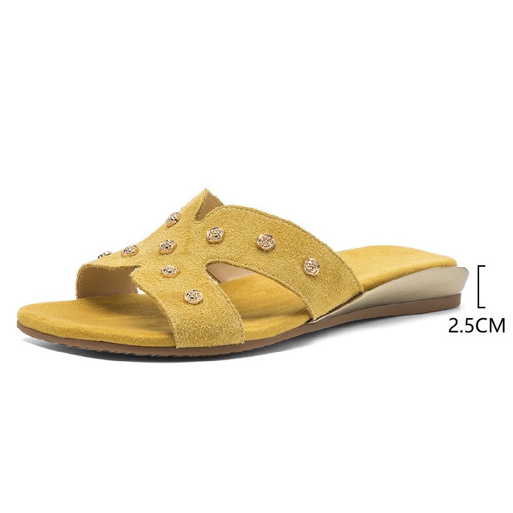 Women Matte Genuine Leather Slippers 2.5 CM Wedge Heel Open Toe 3D Metal Flower Soft Sole Casual Comfortable Daily Commute Slides 60528