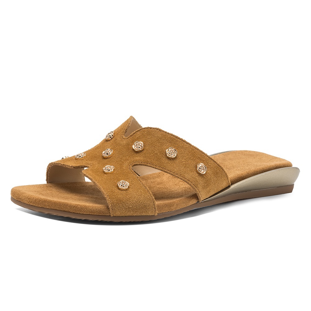 Women Matte Genuine Leather Slippers 2.5 CM Wedge Heel Open Toe 3D Metal Flower Soft Sole Casual Comfortable Daily Commute Slides 60528