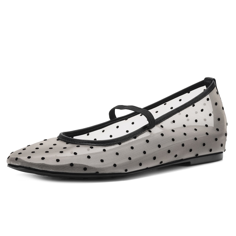 Women's Mesh Lace Mary Jane Shoes Polka Dot One-band Slip On 3 CM Wedge Heel Soft Sole Breathable Casual Spring Summer Flats 60528