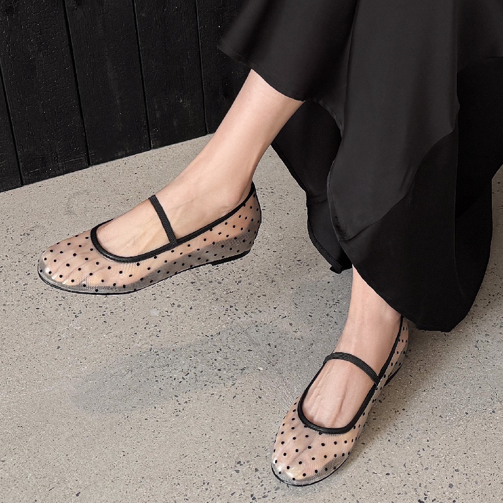 Women's Mesh Lace Mary Jane Shoes Polka Dot One-band Slip On 3 CM Wedge Heel Soft Sole Breathable Casual Spring Summer Flats 60528