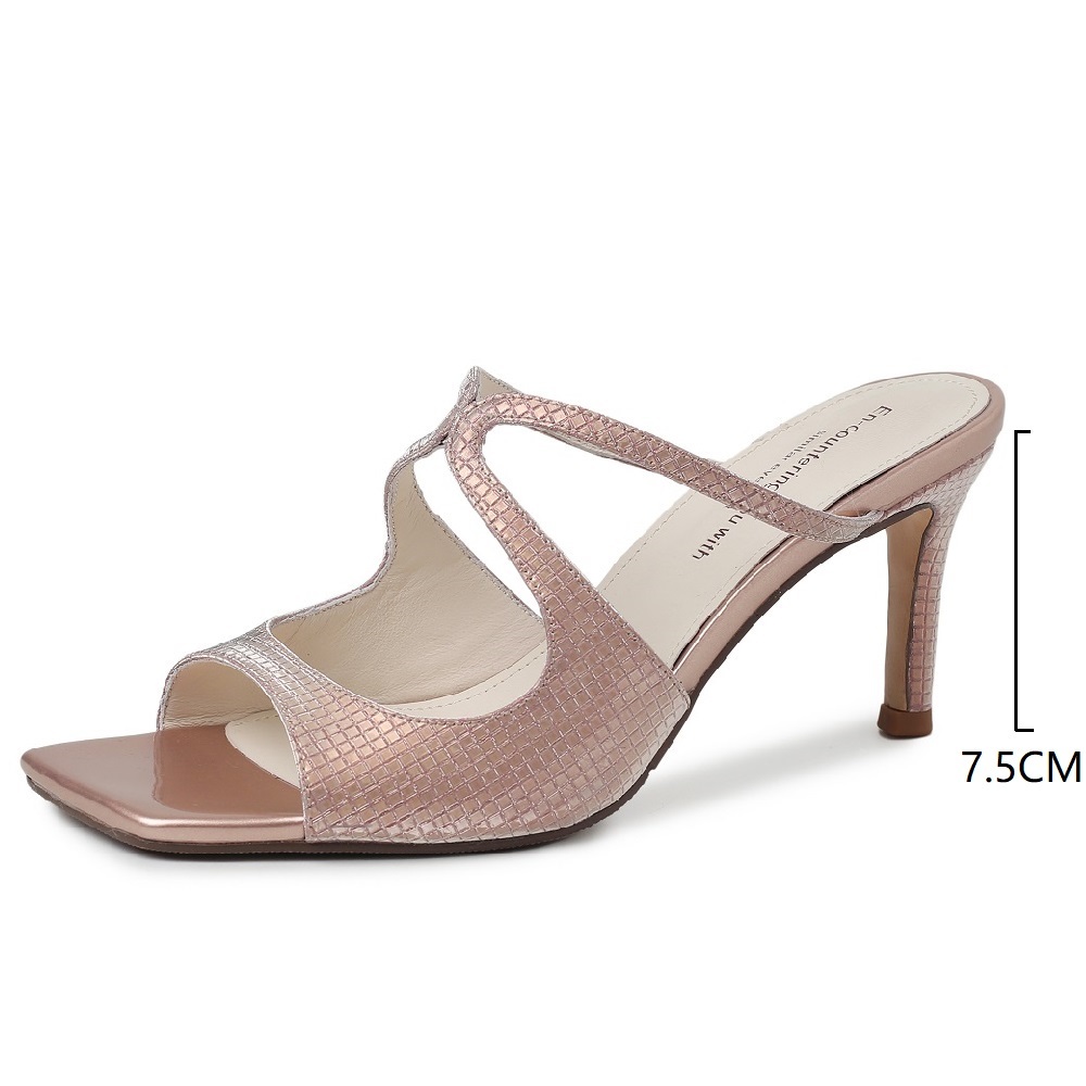 Women's Genuine Leather Sequin High Heels 7.5 CM Thin Heel Square Toe Strappy Sandals Elegant Party Wedding Shoes Summer 60529