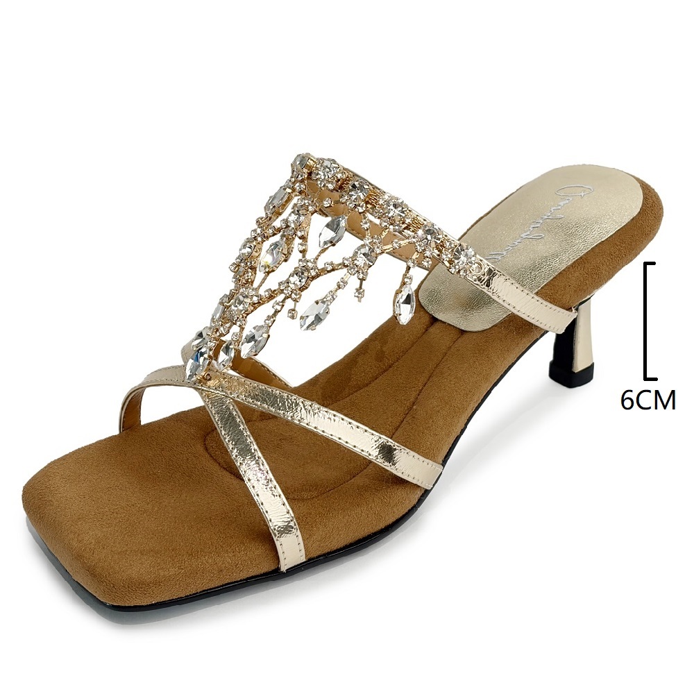 Women's Summer New Genuine Leather Cross Strap Slippers 6 CM Thin Heel French Square Toe Cut Out Crystals Tassel Fashion Sandals 60529