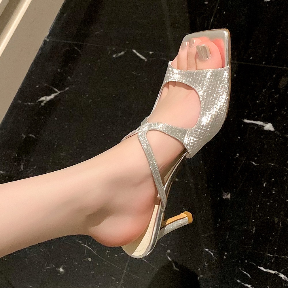 Women's Genuine Leather Sequin High Heels 7.5 CM Thin Heel Square Toe Strappy Sandals Elegant Party Wedding Shoes Summer 60529