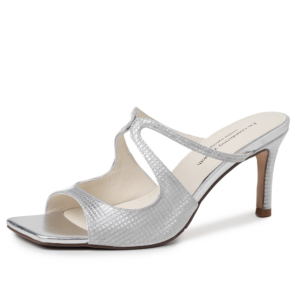 Women's Genuine Leather Sequin High Heels 7.5 CM Thin Heel Square Toe Strappy Sandals Elegant Party Wedding Shoes Summer 60529