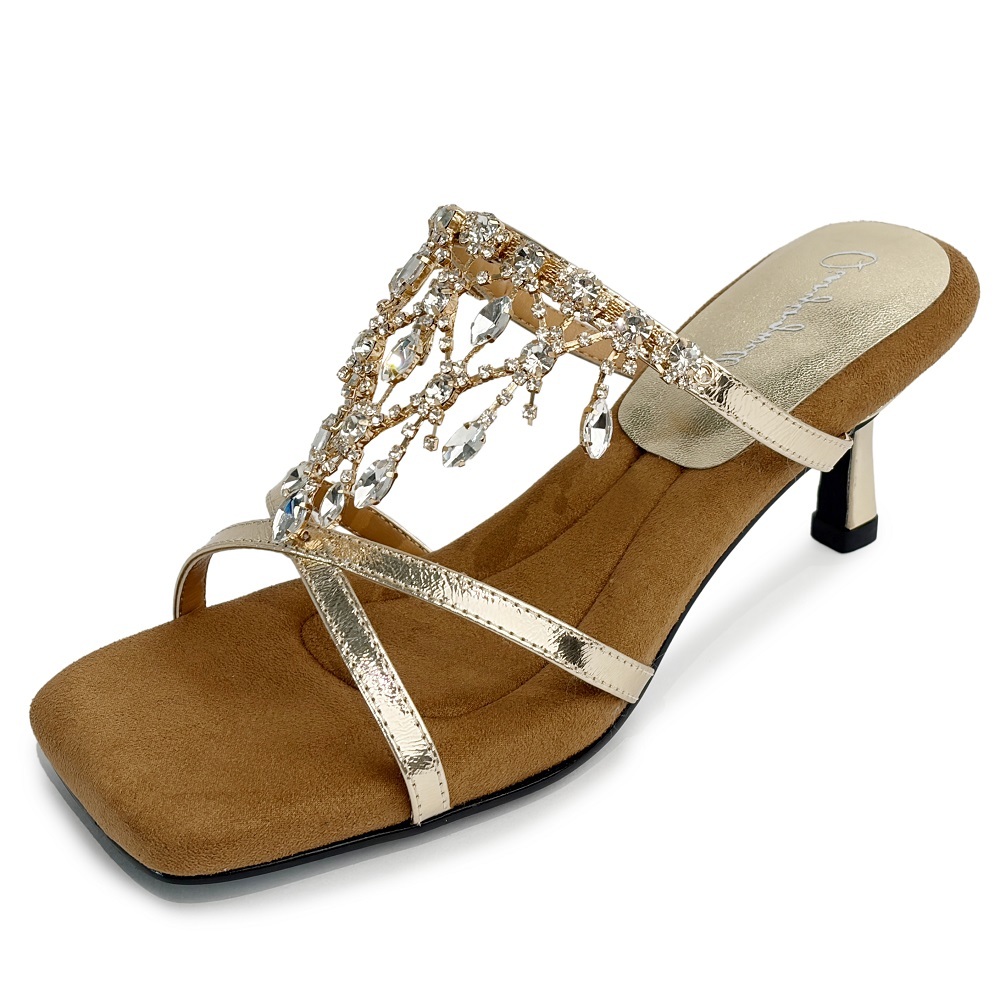 Women's Summer New Genuine Leather Cross Strap Slippers 6 CM Thin Heel French Square Toe Cut Out Crystals Tassel Fashion Sandals 60529