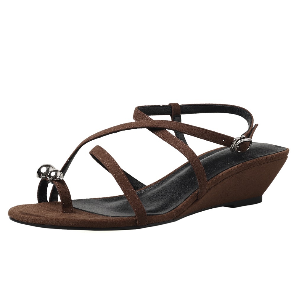 Women Genuine Leather Cross Thin Strap Toe Loop Sandals 4.5 CM Wedge Heel Metal Decor Buckle Open Toe Gladiator Casual Summer Shoes 60530
