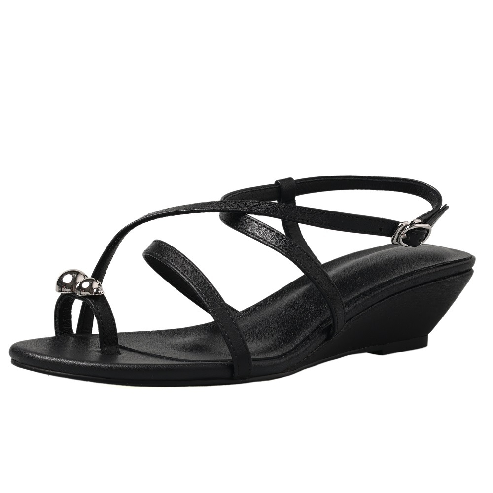 Women Genuine Leather Cross Thin Strap Toe Loop Sandals 4.5 CM Wedge Heel Metal Decor Buckle Open Toe Gladiator Casual Summer Shoes 60530
