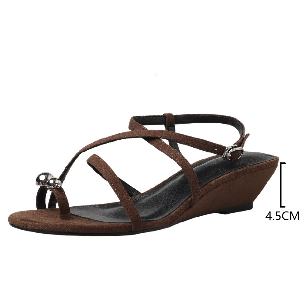 Women Genuine Leather Cross Thin Strap Toe Loop Sandals 4.5 CM Wedge Heel Metal Decor Buckle Open Toe Gladiator Casual Summer Shoes 60530