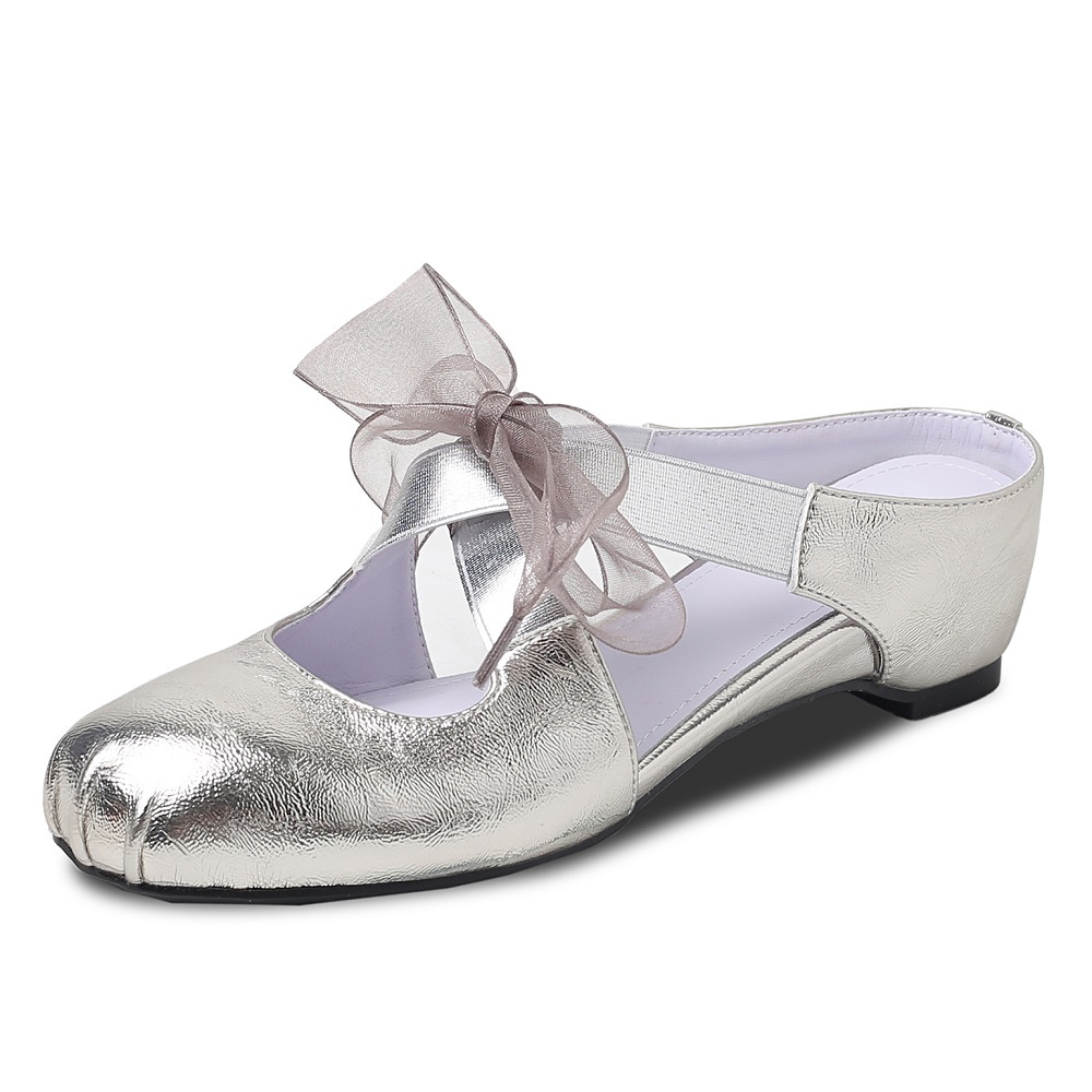 Women Genuine Leather Low-Cut Mules Ribbon Bow Cross Elastic Strap 4.5 CM Heel Cut Out Pleated French Style Closed Toe Slippers 60530