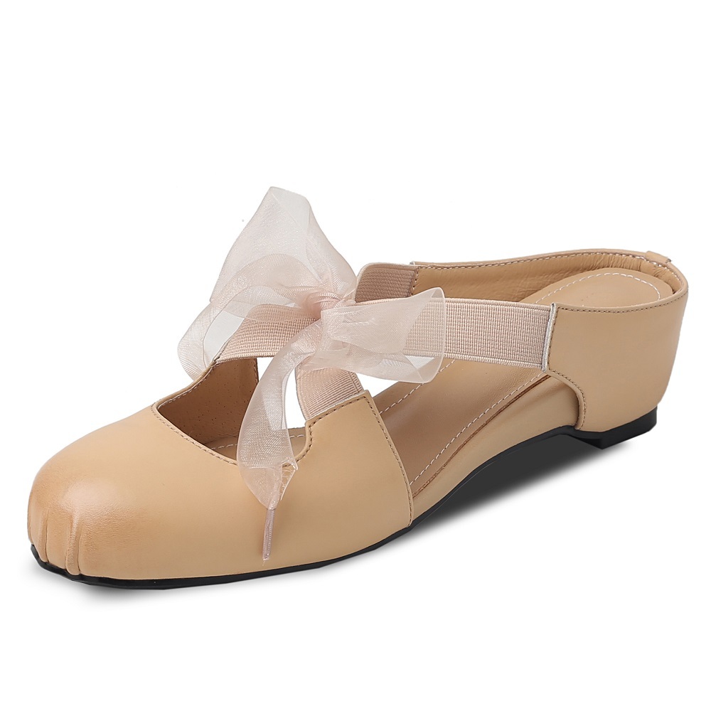 Women Genuine Leather Low-Cut Mules Ribbon Bow Cross Elastic Strap 4.5 CM Heel Cut Out Pleated French Style Closed Toe Slippers 60530