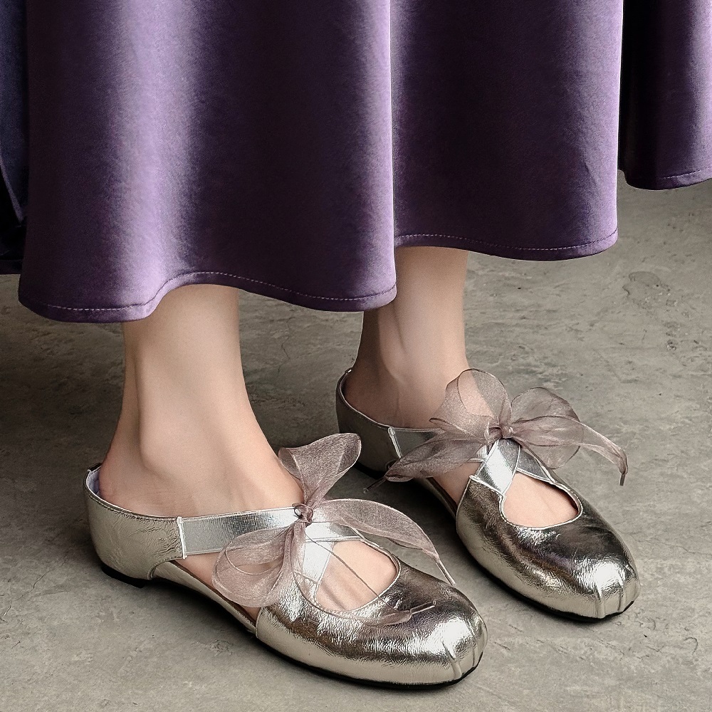 Women Genuine Leather Low-Cut Mules Ribbon Bow Cross Elastic Strap 4.5 CM Heel Cut Out Pleated French Style Closed Toe Slippers 60530