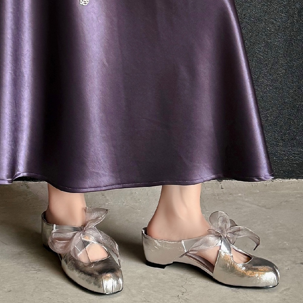 Women Genuine Leather Low-Cut Mules Ribbon Bow Cross Elastic Strap 4.5 CM Heel Cut Out Pleated French Style Closed Toe Slippers 60530