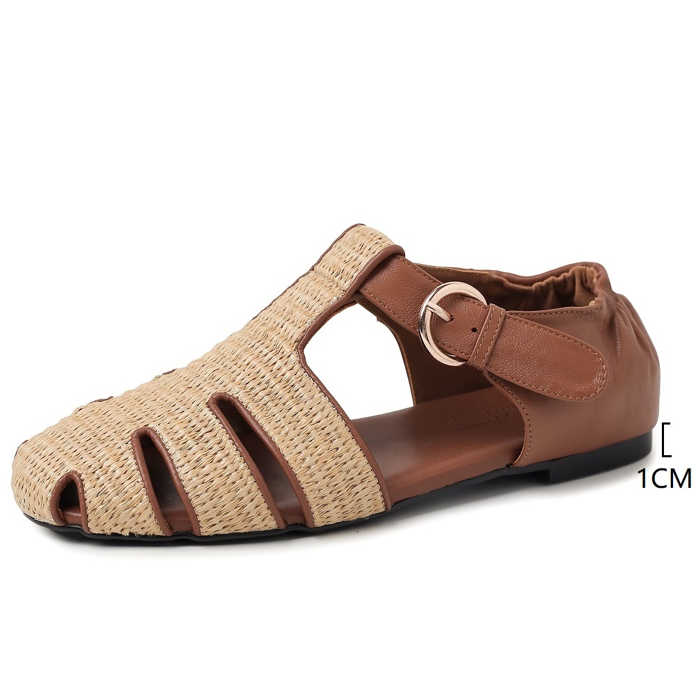 French Retro Cut Out Woven Gladiator Buckle Belt Genuine Leather Pleated Flat Closed Toe Sandals Women Summer Comfort Casual Versatile Shoes 60530
