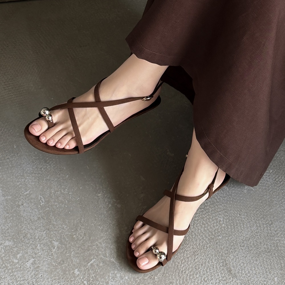 Women Genuine Leather Cross Thin Strap Toe Loop Sandals 4.5 CM Wedge Heel Metal Decor Buckle Open Toe Gladiator Casual Summer Shoes 60530
