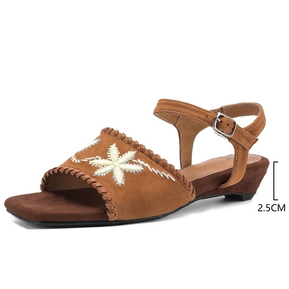 Women Genuine Leather Color Block Embroidered Sandals 2.5 CM Low Heel Buckle Strap Square Toe Backless Retro Casual Summer Spring New 60609