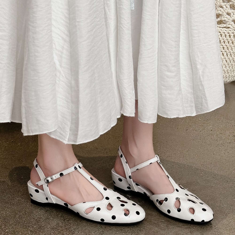 Women's Sheepskin Cut Out T-Strap Backless Mary Jane Sandals Genuine Leather Spring Summer Shallow Mouth Versatile Shoes 60609