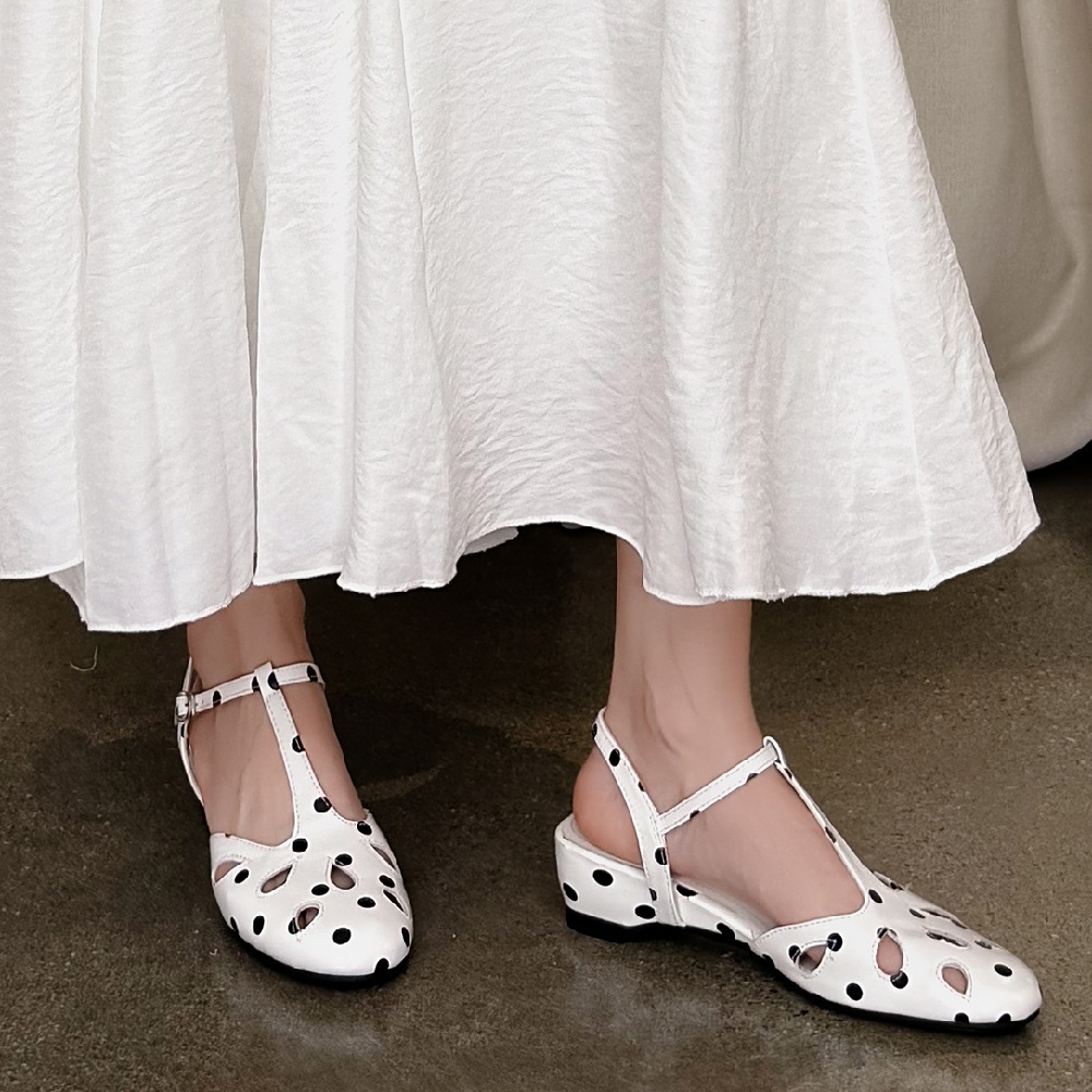 Women's Sheepskin Cut Out T-Strap Backless Mary Jane Sandals Genuine Leather Spring Summer Shallow Mouth Versatile Shoes 60609