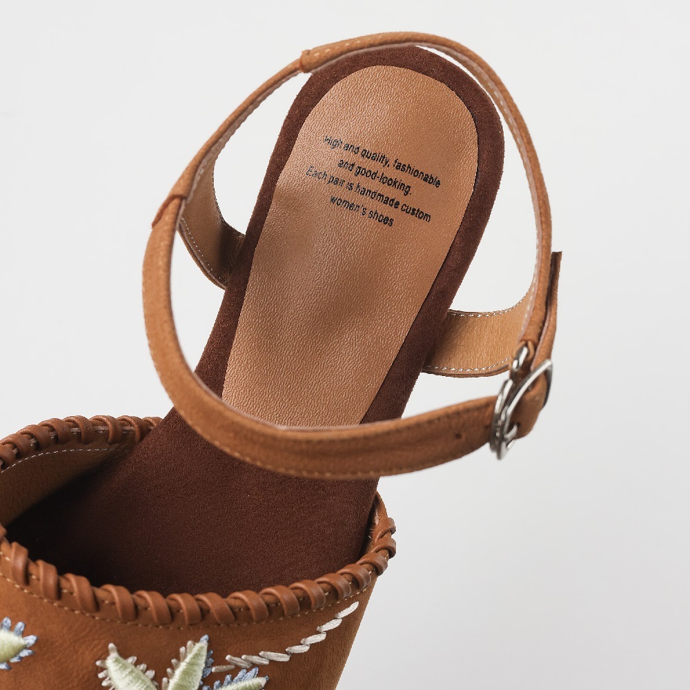 Women Genuine Leather Color Block Embroidered Sandals 2.5 CM Low Heel Buckle Strap Square Toe Backless Retro Casual Summer Spring New 60609