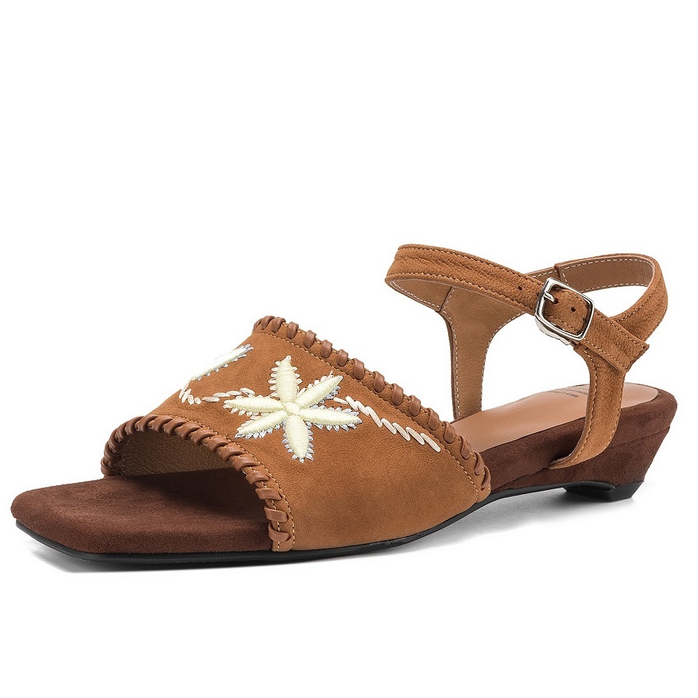 Women Genuine Leather Color Block Embroidered Sandals 2.5 CM Low Heel Buckle Strap Square Toe Backless Retro Casual Summer Spring New 60609