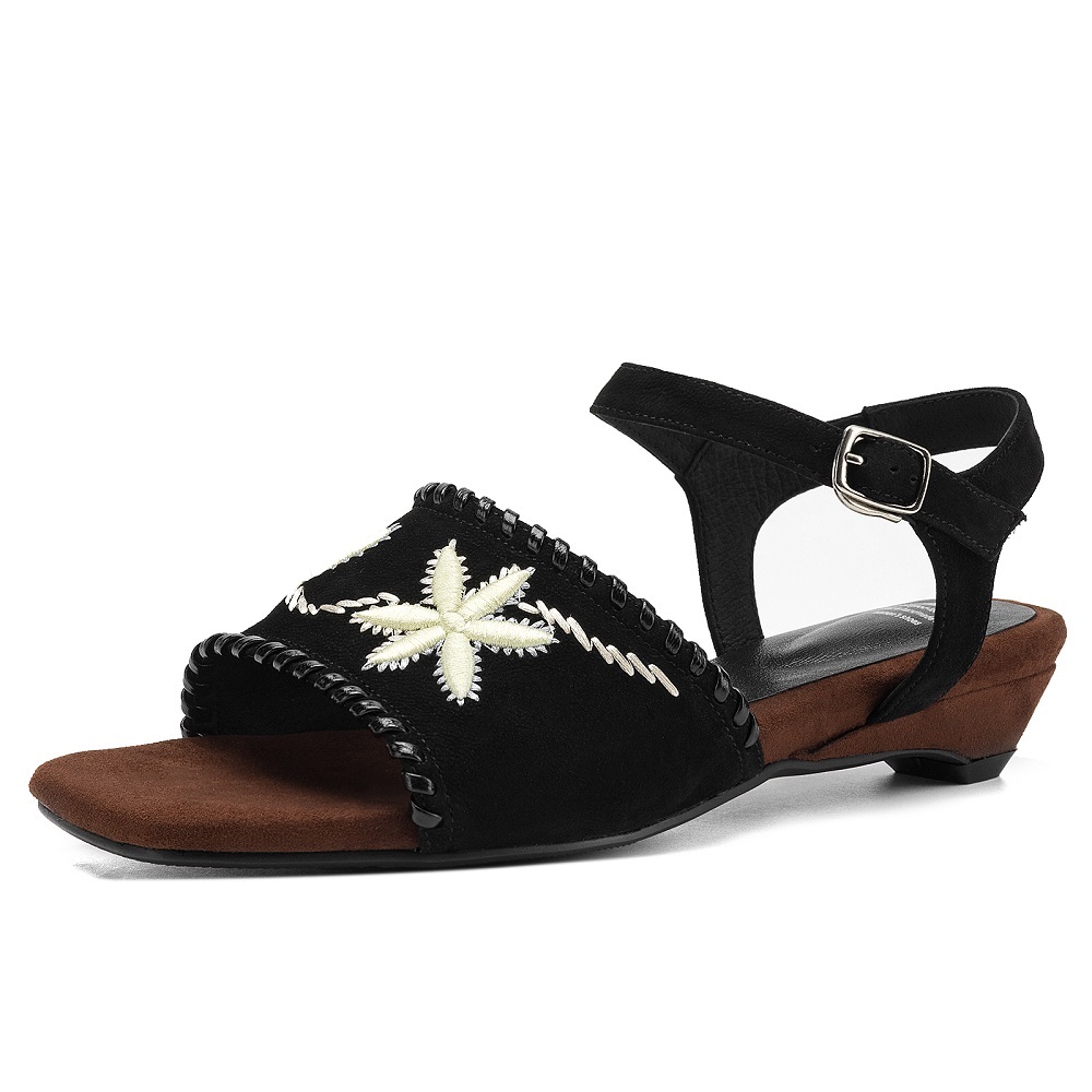 Women Genuine Leather Color Block Embroidered Sandals 2.5 CM Low Heel Buckle Strap Square Toe Backless Retro Casual Summer Spring New 60609