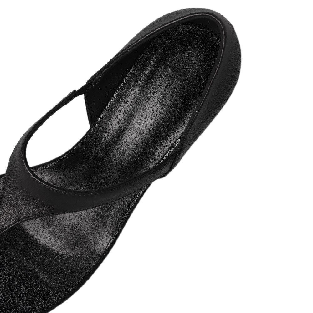 Women Genuine Leather 5.5 CM High Heel Slide Sandals Open Toe Back Cover Slip On Retro Minimalist Roman Summer Shoes 60610