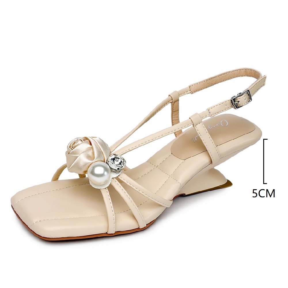 Women's Genuine Leather 5 CM Special-Shaped Heel Sandals Thin Strap Buckle Pearl 3D Flower Crystals French Summer Fashion Shoes 60610