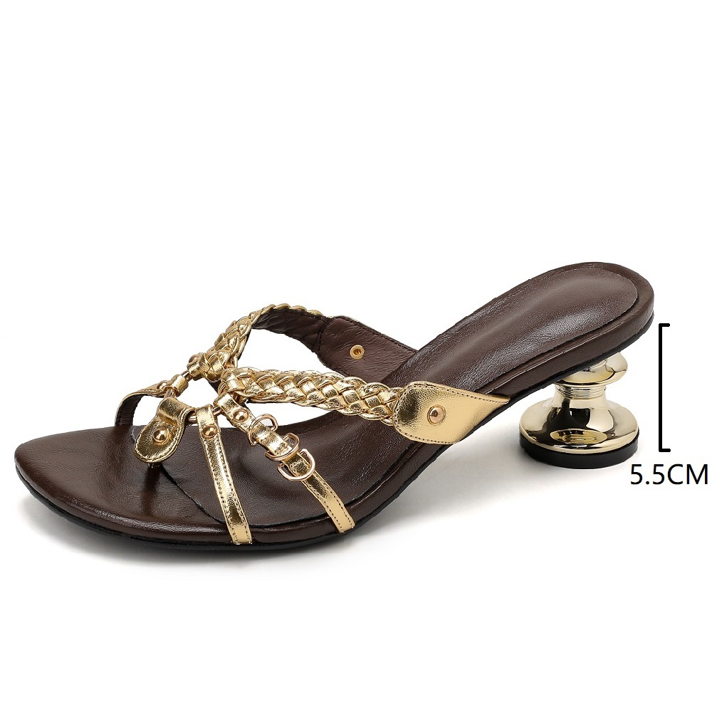Women Genuine Leather Braided Rivets Metal Ring Cut Out 5.5 CM High Heel Cross Strap Flip Flop Summer Fashion Slippers 60611
