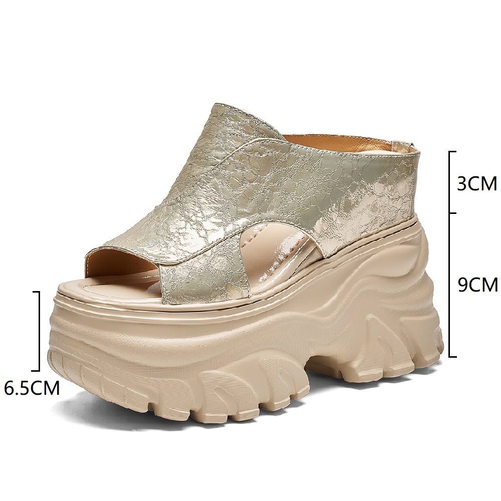 Women's Genuine Leather 12 CM Platform Hidden High Heel Casual Slippers Peep Toe Cut Out Fashion Versatile Summer Sandals 60611