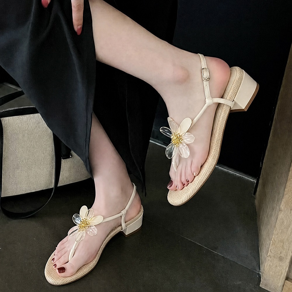 Women's Genuine Leather Boho Floral Thong Sandals 2.5 CM Block Heel Single Strap Casual Vacation Fairy Style Summer Shoes 60611