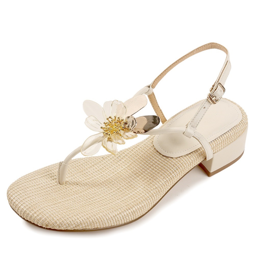 Women's Genuine Leather Boho Floral Thong Sandals 2.5 CM Block Heel Single Strap Casual Vacation Fairy Style Summer Shoes 60611