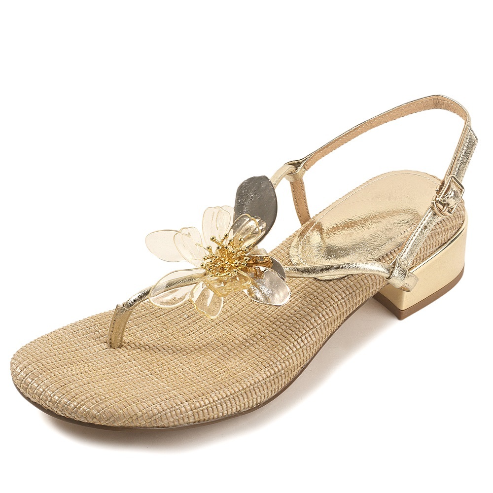 Women's Genuine Leather Boho Floral Thong Sandals 2.5 CM Block Heel Single Strap Casual Vacation Fairy Style Summer Shoes 60611