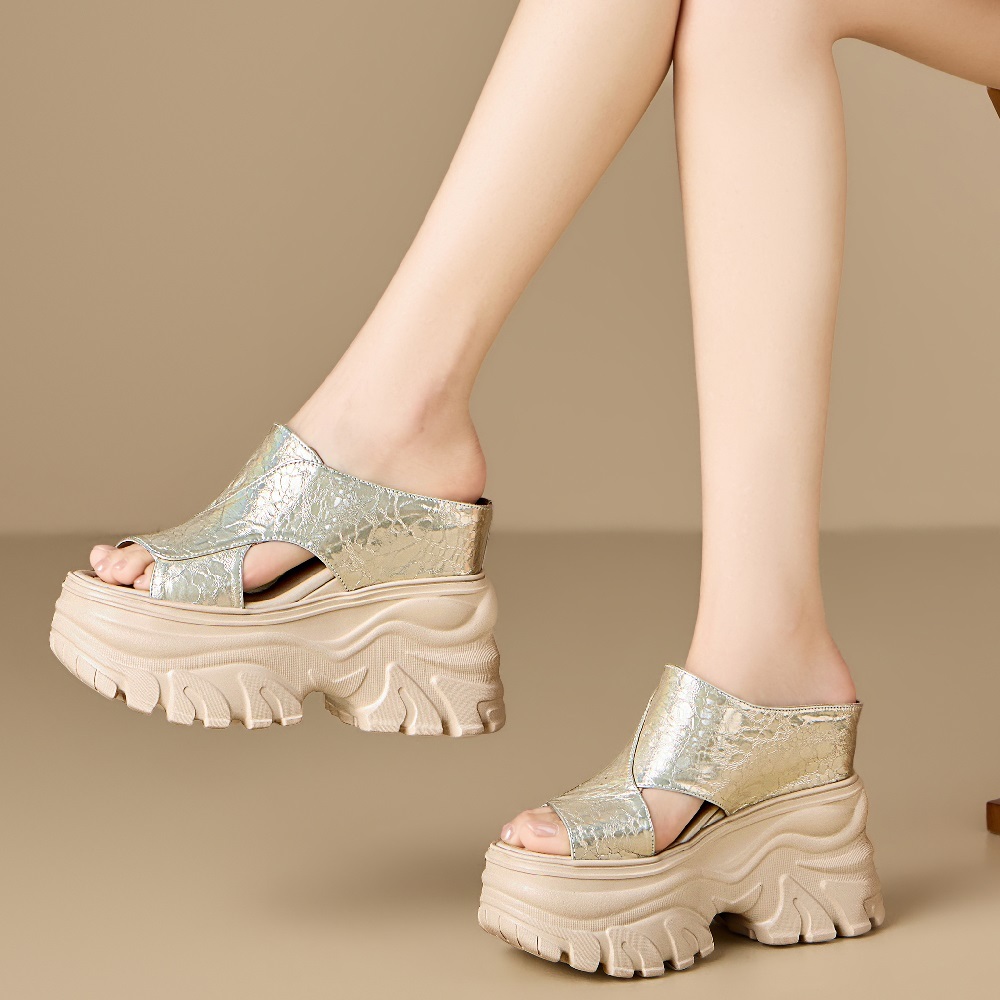Women's Genuine Leather 12 CM Platform Hidden High Heel Casual Slippers Peep Toe Cut Out Fashion Versatile Summer Sandals 60611