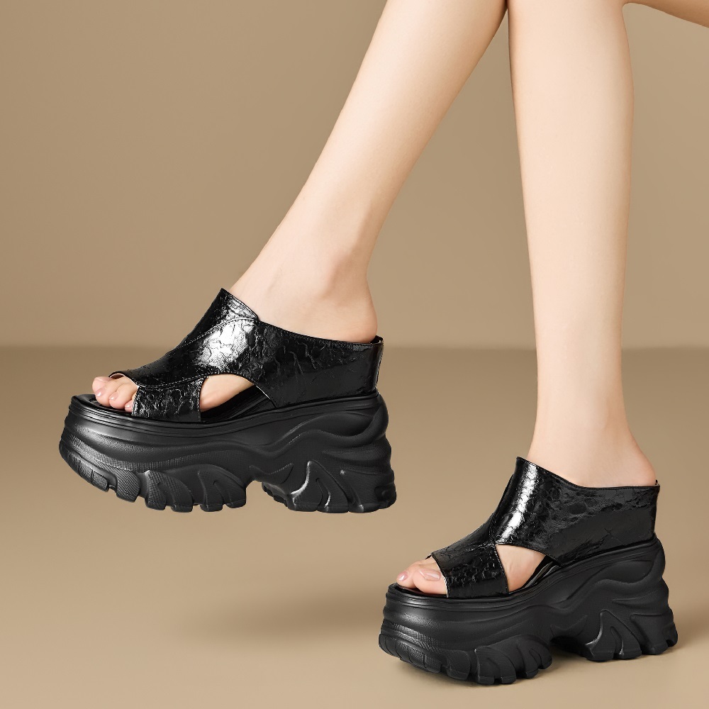 Women's Genuine Leather 12 CM Platform Hidden High Heel Casual Slippers Peep Toe Cut Out Fashion Versatile Summer Sandals 60611