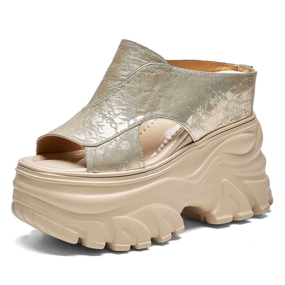 Women's Genuine Leather 12 CM Platform Hidden High Heel Casual Slippers Peep Toe Cut Out Fashion Versatile Summer Sandals 60611