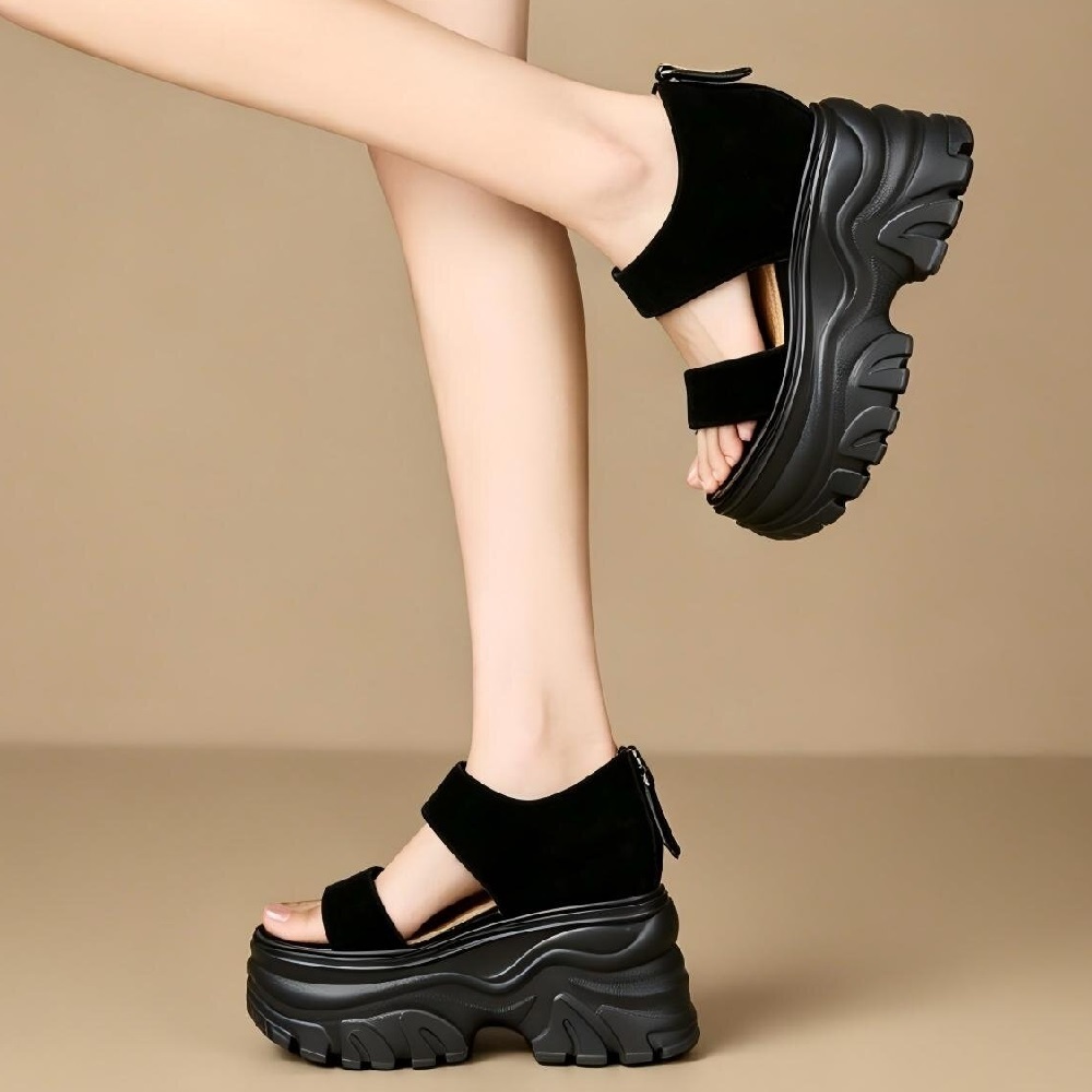 Genuine Leather 12 CM Platform Hidden Elevator Open Toe Summer Minimalist Zipper Women's Versatile Gladiator Sandals 60612