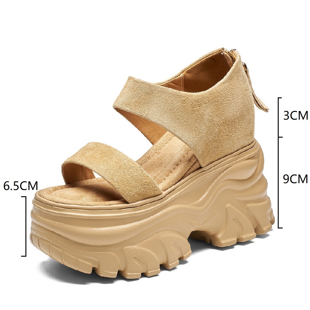 Genuine Leather 12 CM Platform Hidden Elevator Open Toe Summer Minimalist Zipper Women's Versatile Gladiator Sandals 60612