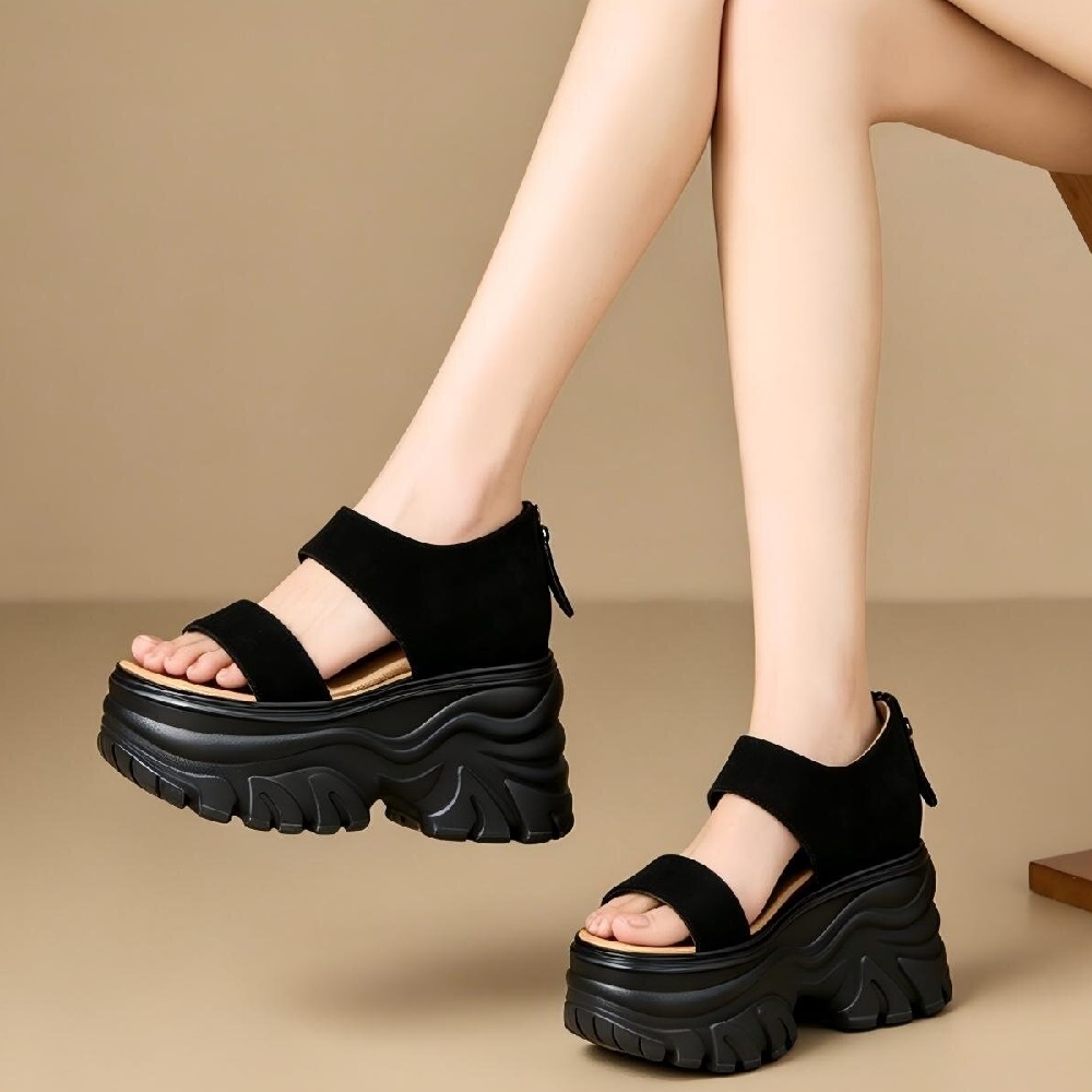 Genuine Leather 12 CM Platform Hidden Elevator Open Toe Summer Minimalist Zipper Women's Versatile Gladiator Sandals 60612