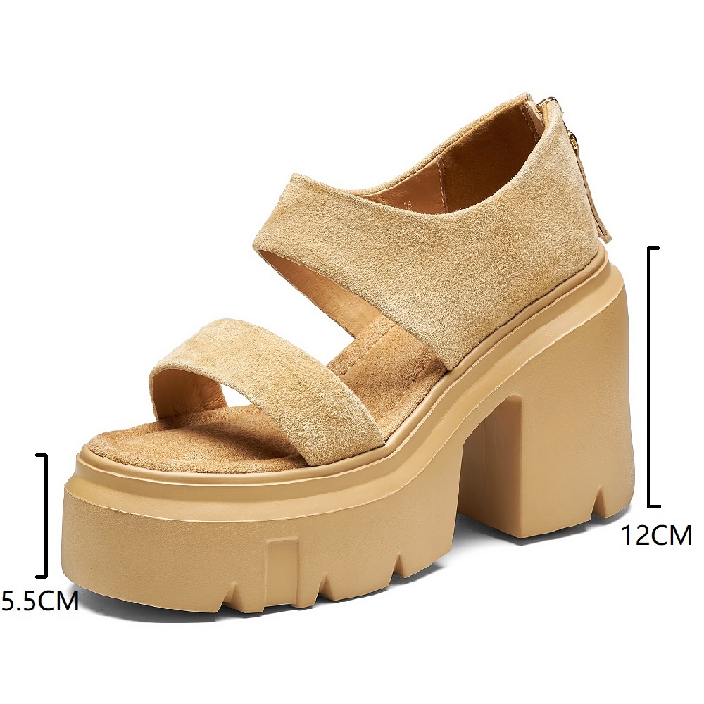 Summer Matte Sheepskin 12 CM Block Heel Platform Open Toe Back Zip Gladiator Sandals Solid Color Women Casual Versatile Shoes 60613