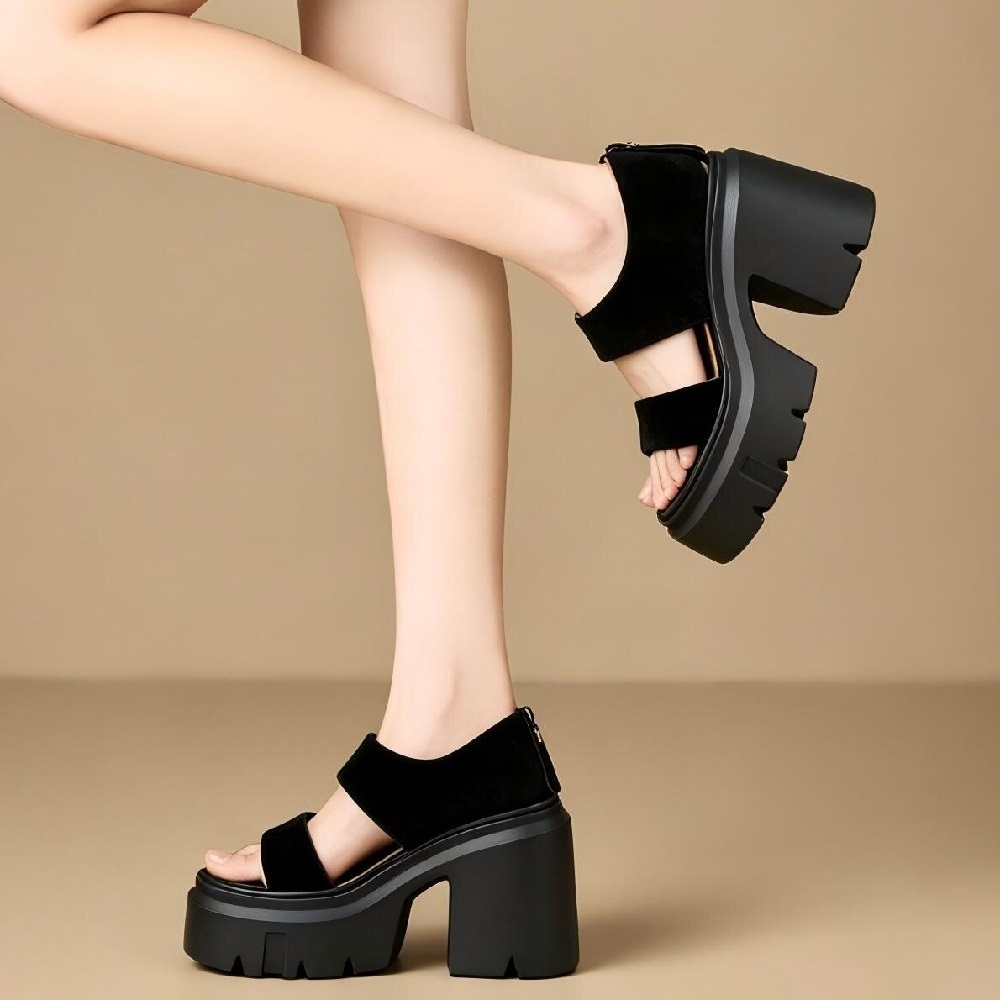 Summer Matte Sheepskin 12 CM Block Heel Platform Open Toe Back Zip Gladiator Sandals Solid Color Women Casual Versatile Shoes 60613