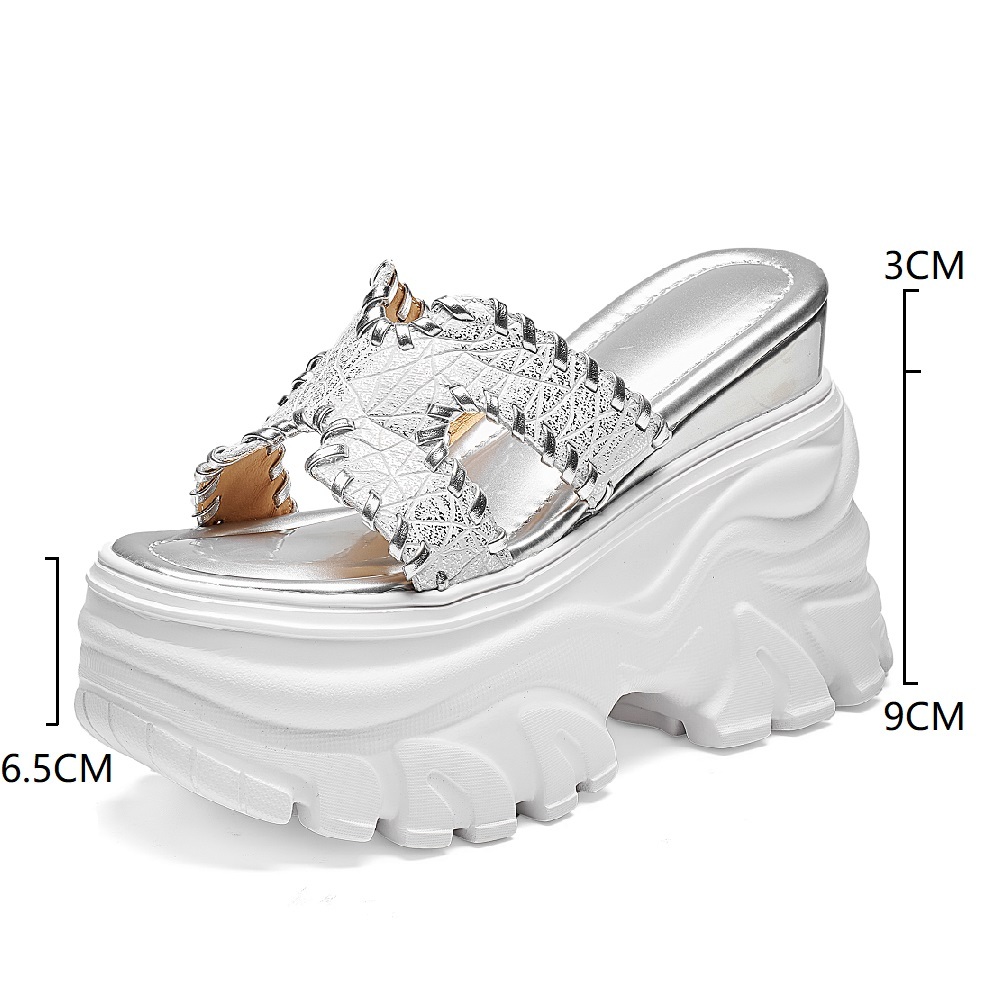 Genuine Leather 12 CM Wedge Platform Women's Sandals Embossed Woven H-Strap Cut Out Open Toe Fashion Summer Versatile Shoes 60614
