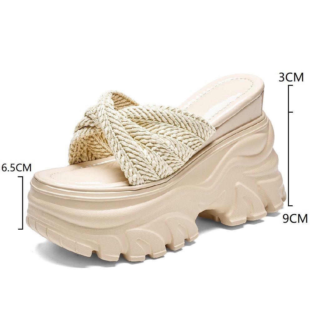 12 CM Platform Slides Women Straw Woven Thick Heel Slippers Summer Beach Vacation Casual Comfortable Versatile Slip On Shoes Ladies 60614
