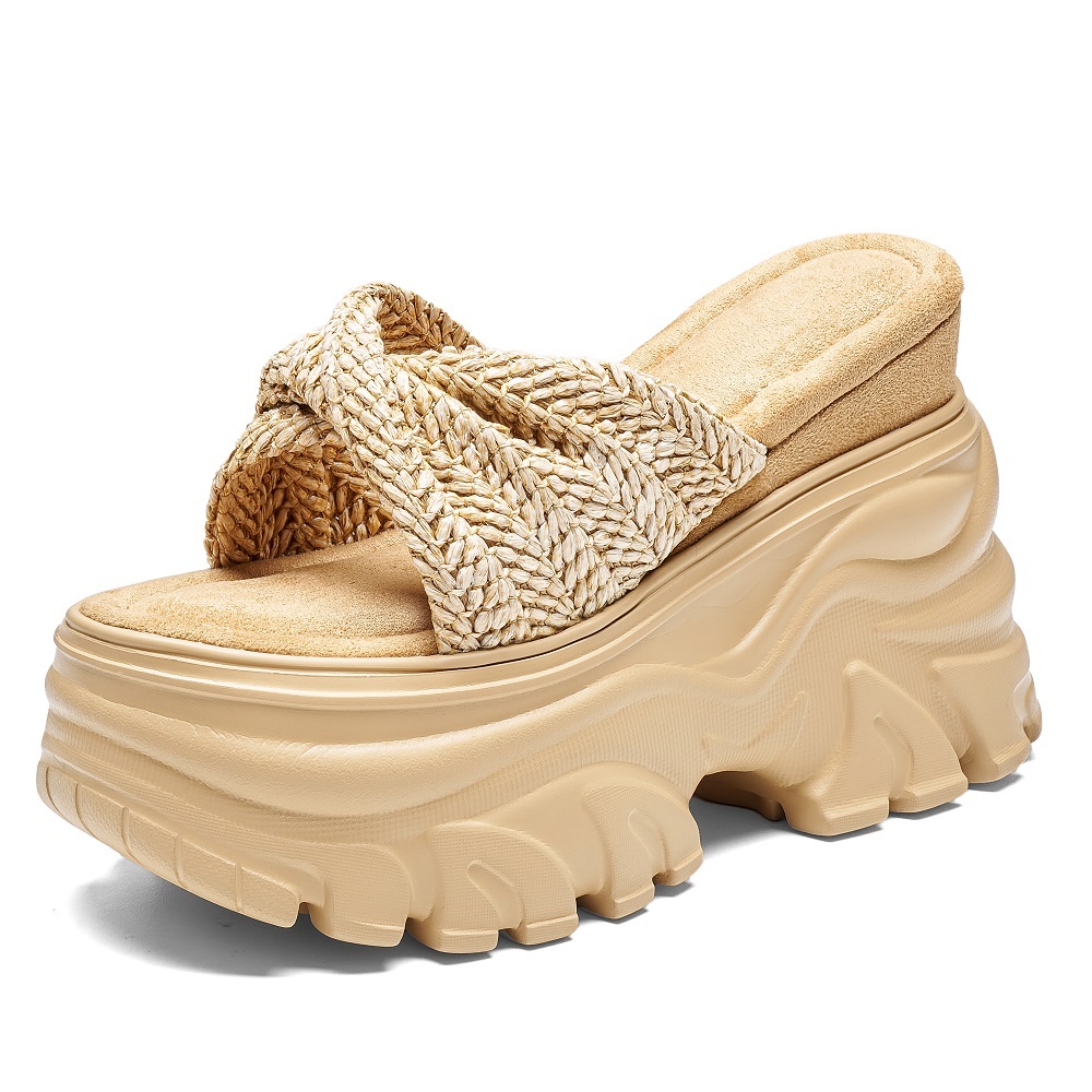 12 CM Platform Slides Women Straw Woven Thick Heel Slippers Summer Beach Vacation Casual Comfortable Versatile Slip On Shoes Ladies 60614